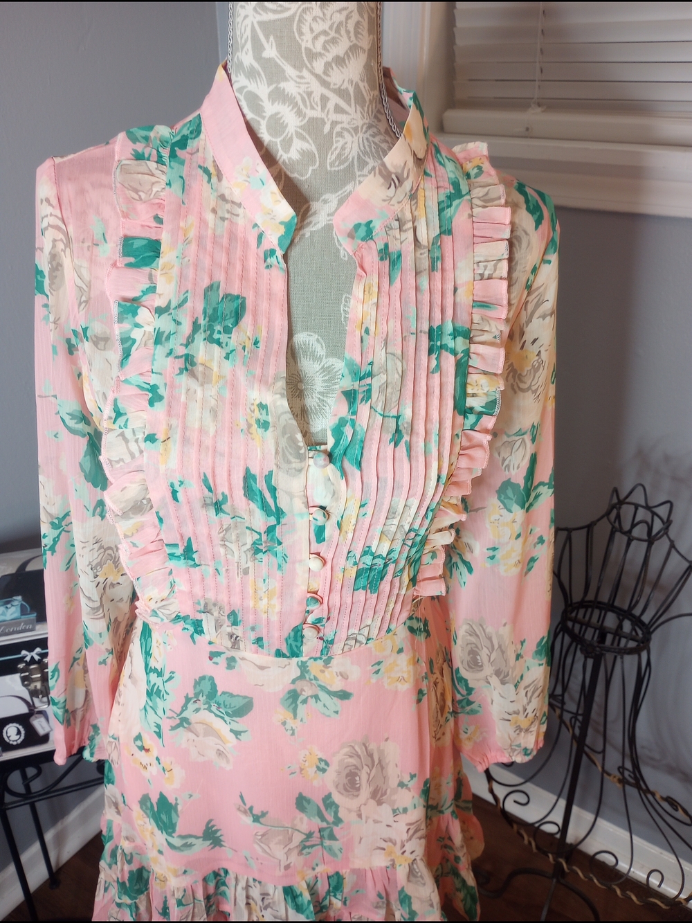 Peach Floral Midi Dress with Ruffle Pintuck Front